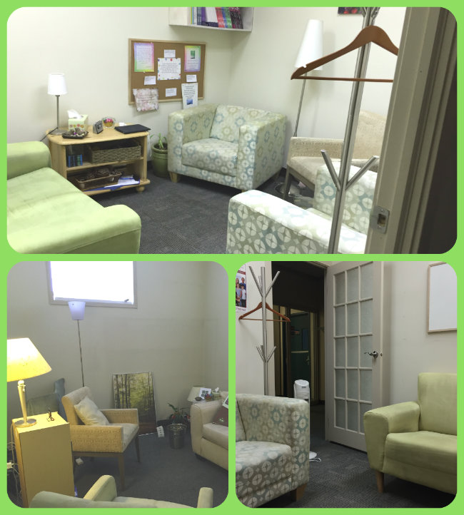 Photos of Bergen and Associates Counselling temporary offices with furniture set up for counselling in alternate offices down the hall